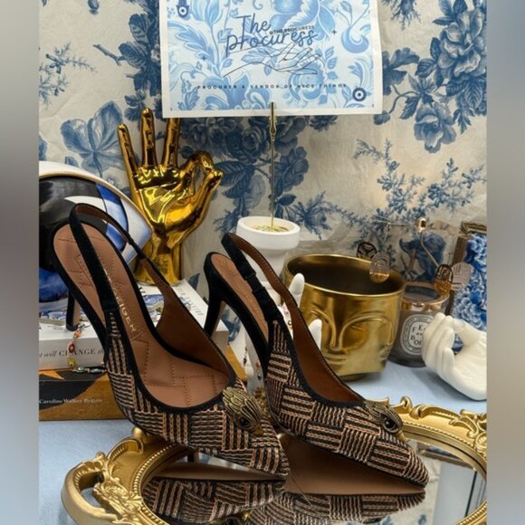 🆕 KURT GEIGER LONDON 🧿 NWOB Belgravia Slingback Heel, Black & Tan Raffia, Sz 6 - Picture 3 of 15
